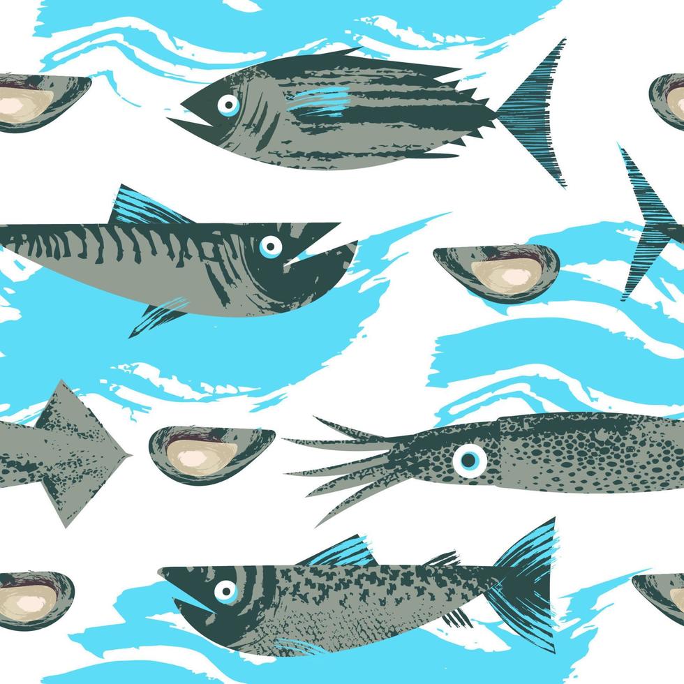 Seamless pattern. Vector illustration on the theme of marine life. Various fish and shellfish