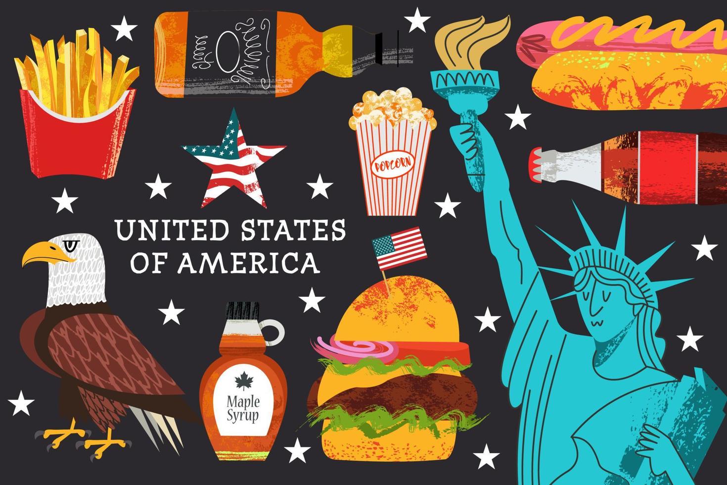 USA. Great collection of items, attractions, traditions, Souvenirs and food of America. Vector illustration.