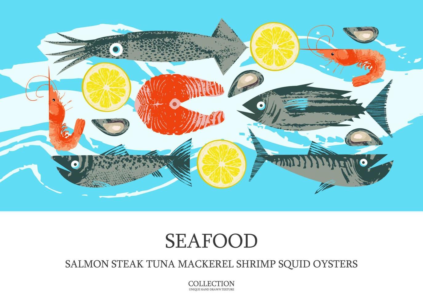 Seafood. Fish. Colorful vector illustration, a collection of images of different fish and shrimp with a unique hand drawn vector texture.