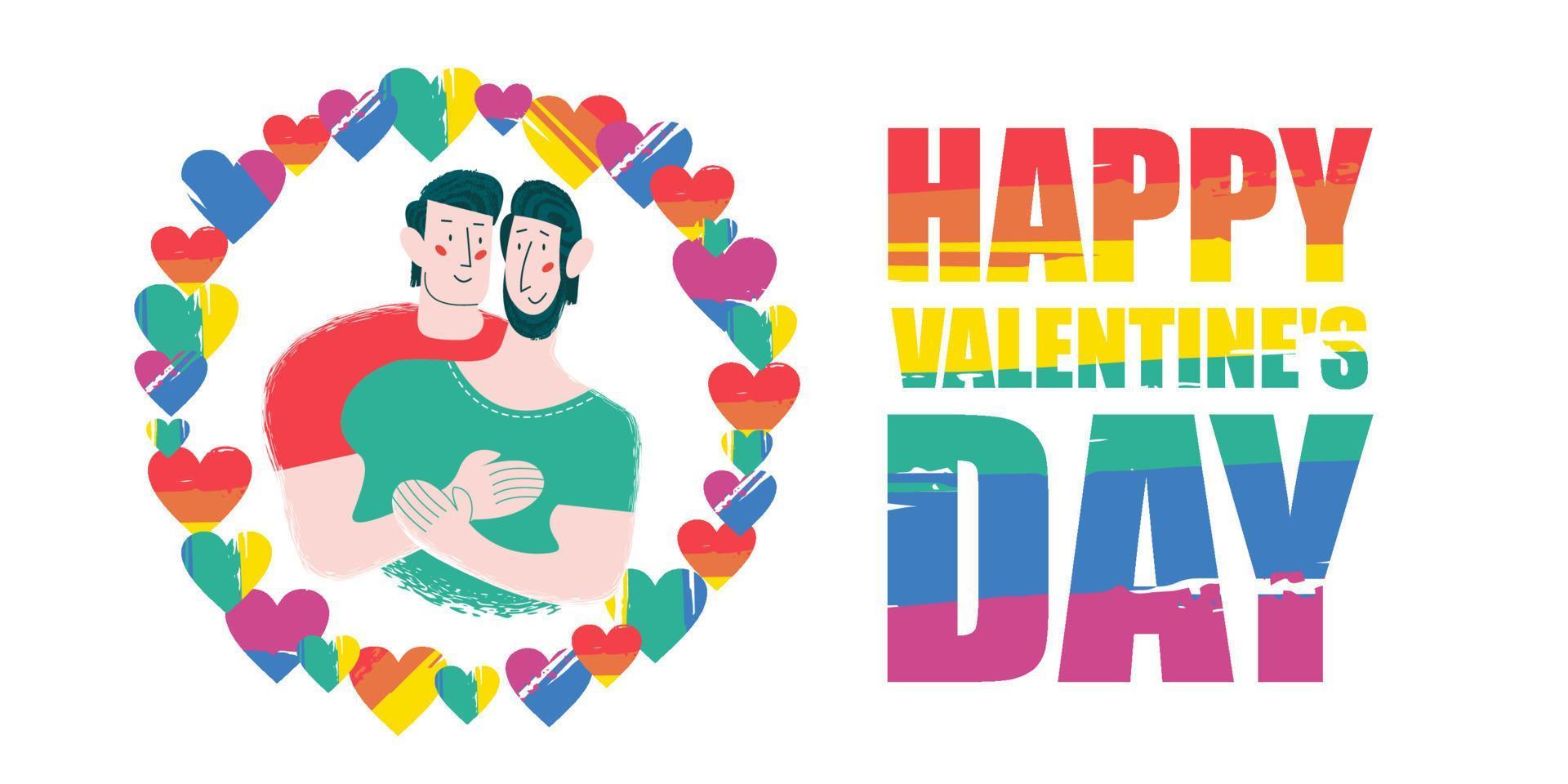 Happy Valentine's day. Vector illustration on white background. Gay couple, different race.