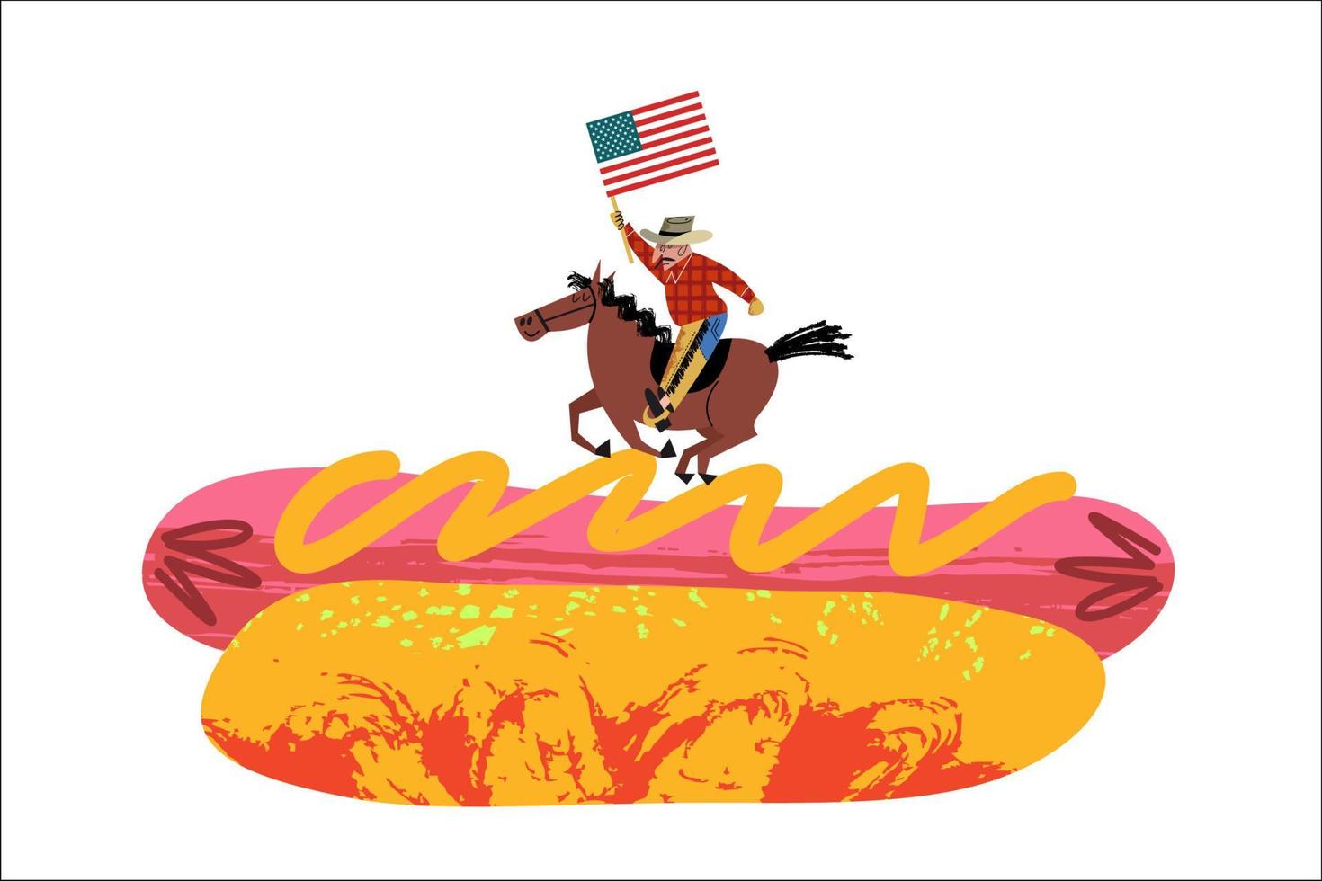 Cowboy riding a horse with an American flag in his hand. Big hot dog. Vector illustration on white background.