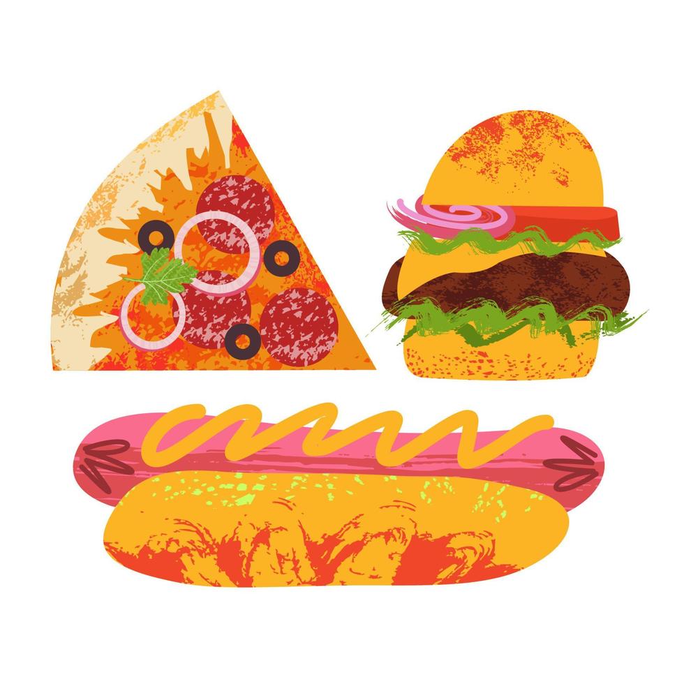Collection of fast food. Vector illustration on white background. With unique hand drawn vector textures.