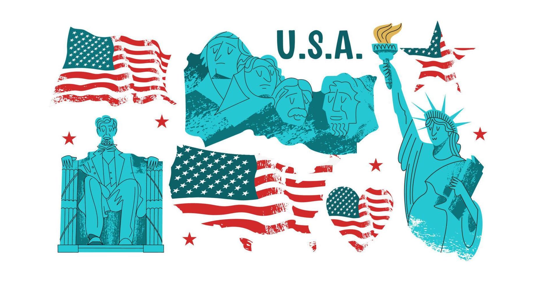 un conjunto de elementos vectoriales. estados unidos, hitos americanos, estatuas y monumentos. la estatua de la libertad, el monumento a lincoln y el monumento nacional del monte rushmore. bandera estadounidense. vector