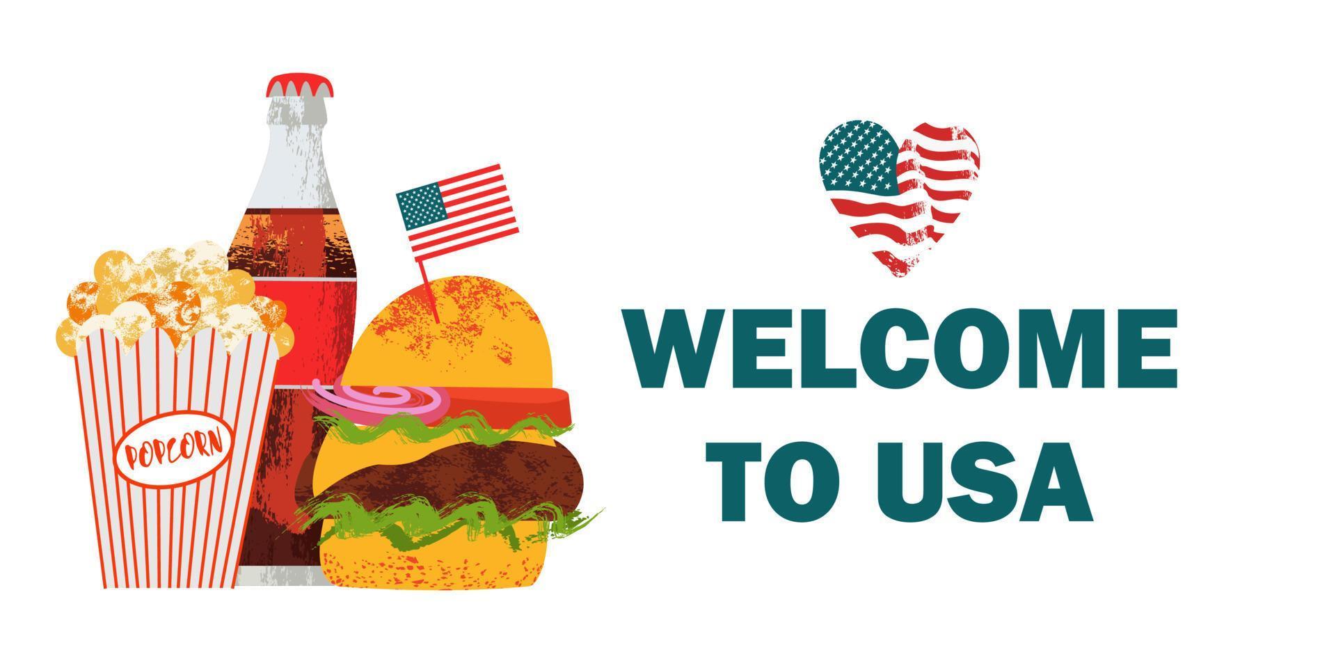 Bienvenido a los Estados Unidos. ilustración vectorial con cola, palomitas de maíz y hamburguesa. vector