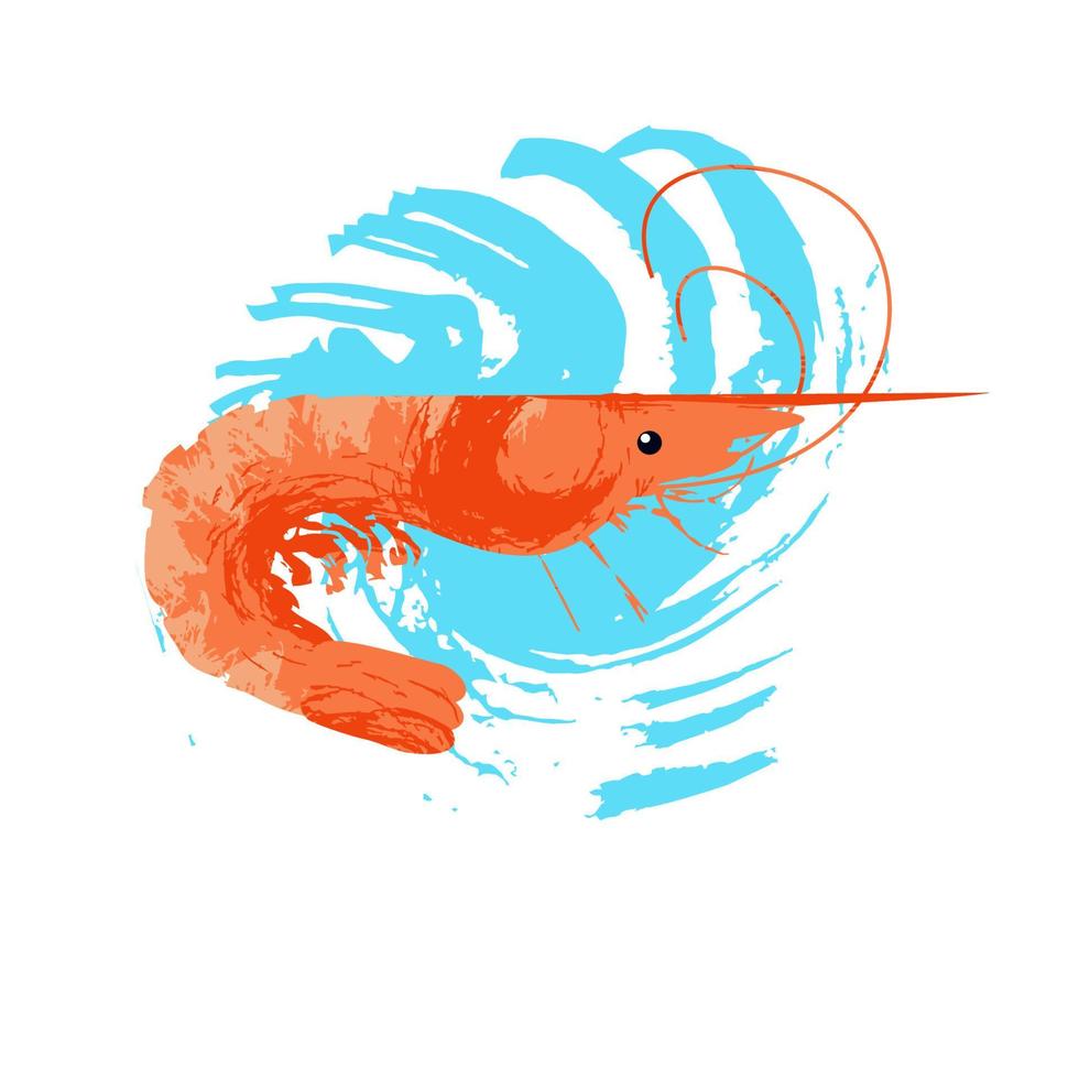 Seafood. Shrimp. Vector illustration on white background with blue texture wave.
