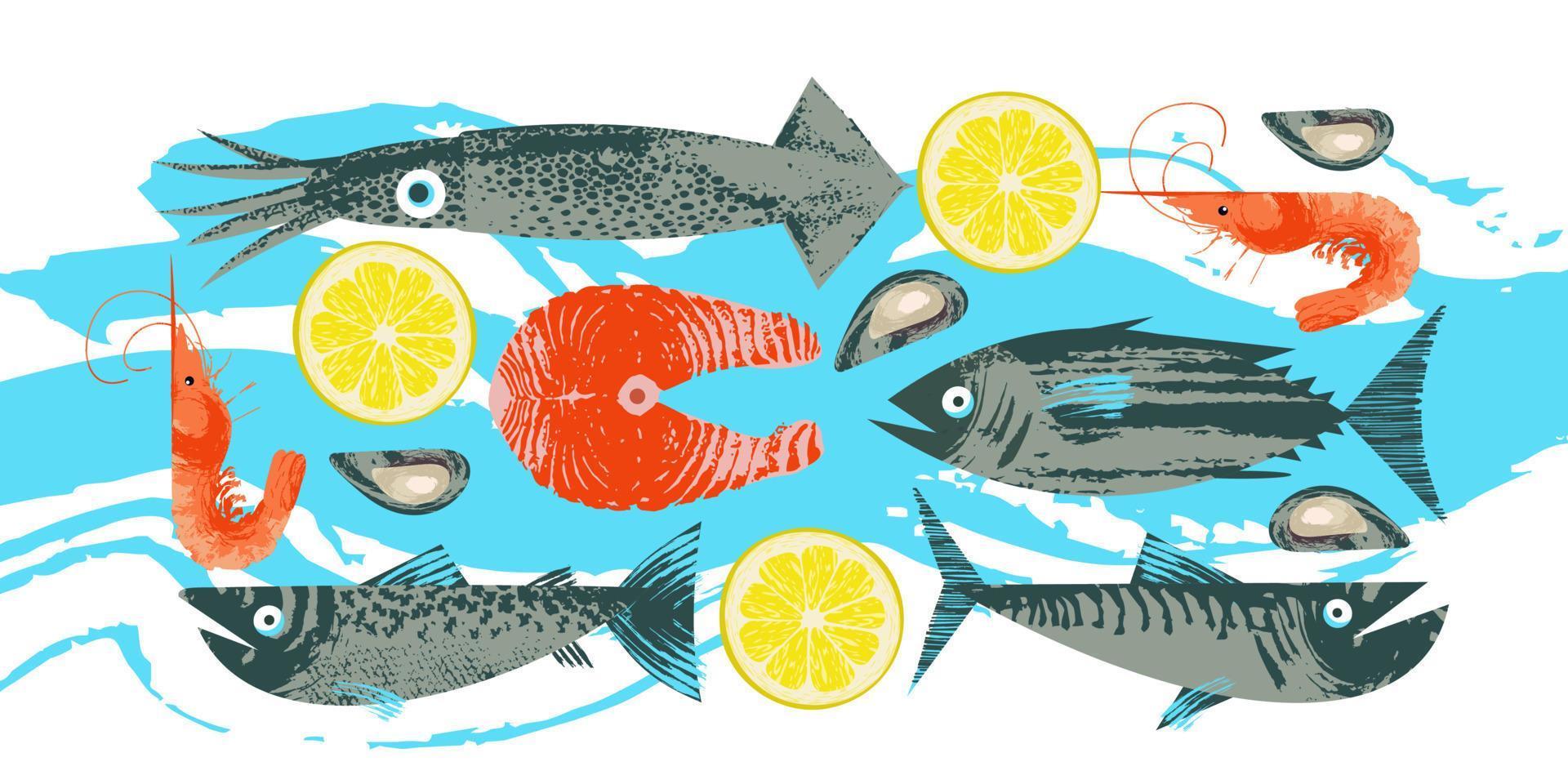 fruto de mar. pescado. colorida ilustración vectorial, una colección de imágenes de diferentes peces y camarones con una textura única de vector dibujado a mano.