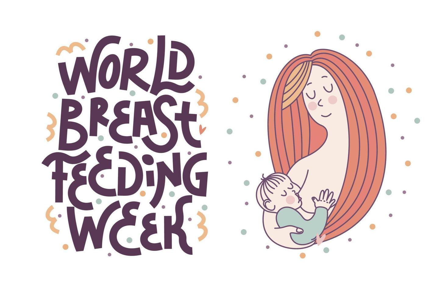 Vector illustration for international breastfeeding week. Lettering. The baby sucks the mother's breast. Linear illustration.