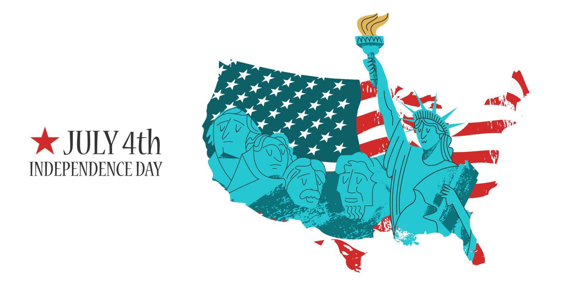 4 de julio día de la independencia. ilustración vectorial, cartel, tarjeta de felicitación. estatua de la libertad y monumento en el monte Rushmore. bandera estadounidense. vector