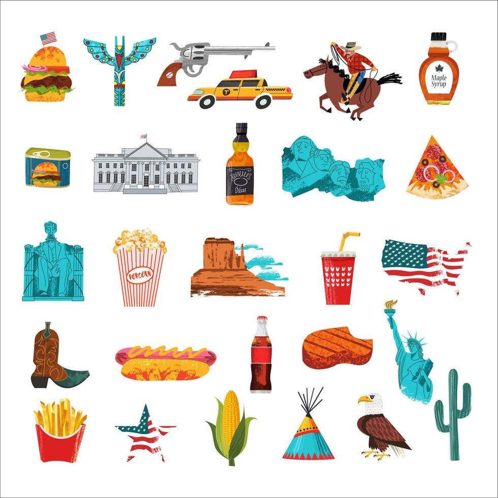 USA. Great collection of items, attractions, traditions, Souvenirs and food of America. Vector illustration.