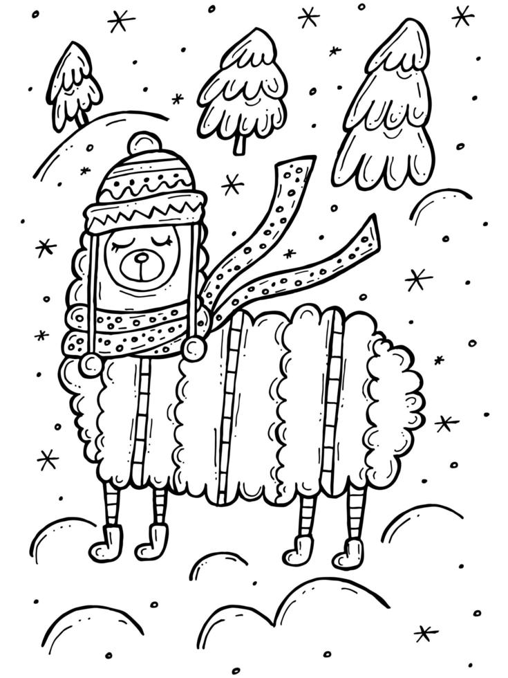 Children's coloring book. Hand-drawn doodle winter vector illustration. Merry Christmas 2022. A lama in a hat with ropes and pompoms and a scarf stands in a snowy forest with Christmas trees.