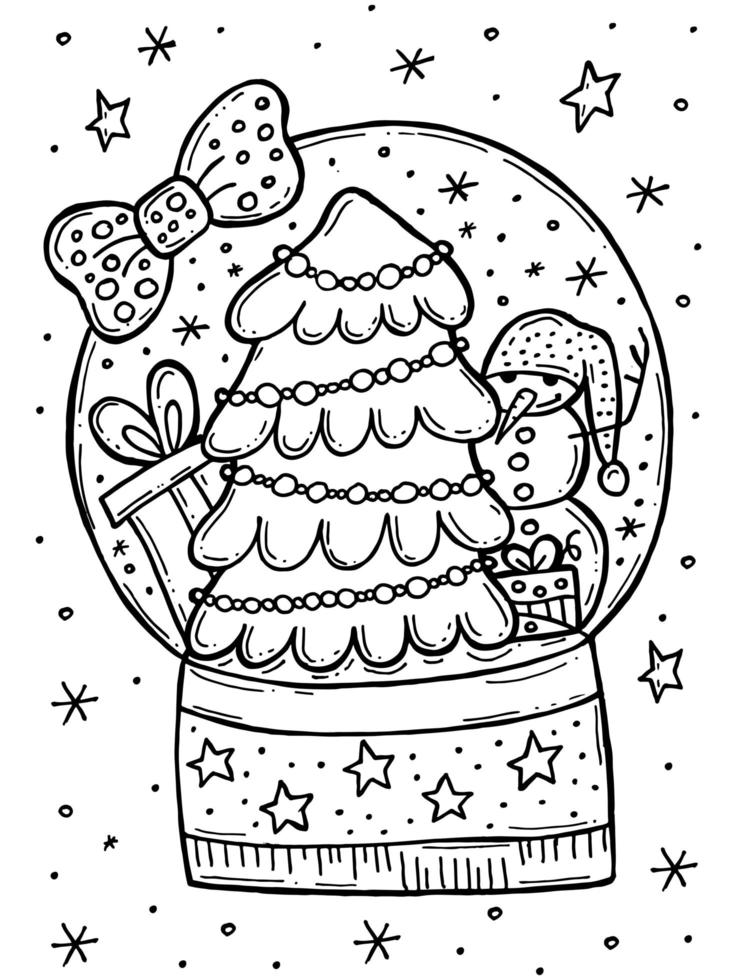 libro de colorear para niños. Ilustración de vector de invierno doodle dibujado a mano. feliz navidad 2022. una bola de nieve de cristal con un árbol de navidad, regalos y un muñeco de nieve.