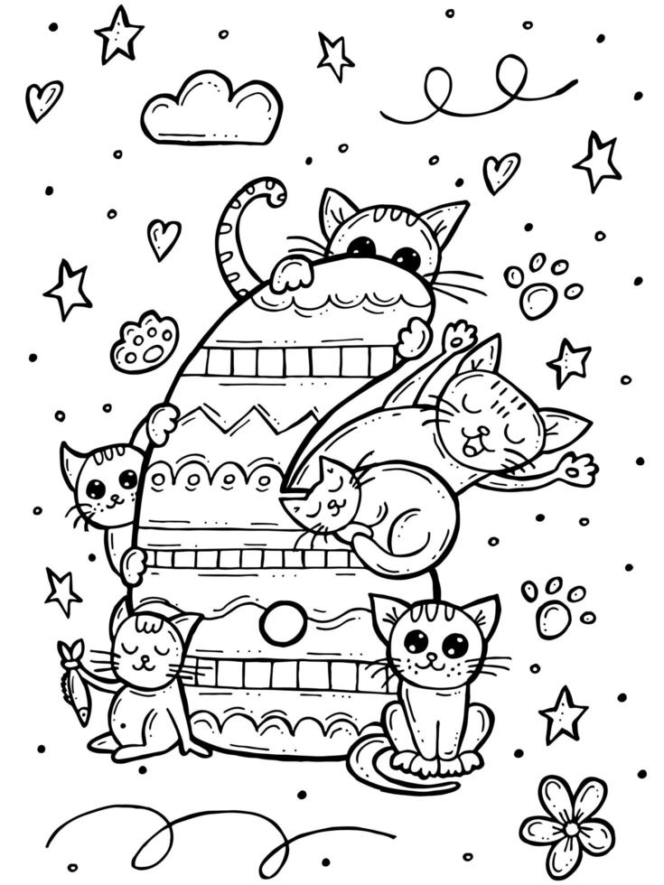 libro de colorear para niños. Ilustración de vector de doodle dibujado a mano con números y animales. seis gatos con patas, estrellas y flores.