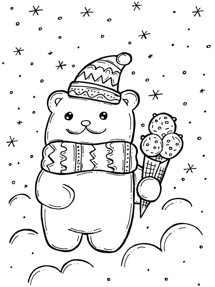 Children's coloring book. Hand-drawn doodle winter vector illustration. Merry Christmas 2022. A polar bear in a hat and scarf with an ornament and ice cream in a cone.