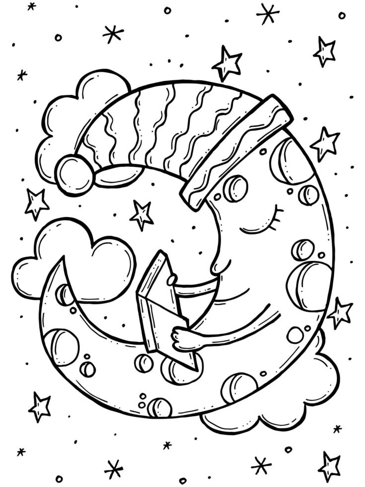 Children's coloring book. Hand-drawn doodle winter vector illustration. Merry Christmas 2022. A cheese moon in a hood lies on the clouds in the night sky and reads a book.