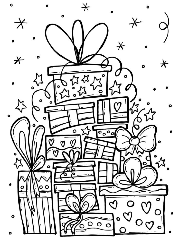 Children's coloring book. Hand-drawn doodle winter vector illustration. Merry Christmas 2022. A mountain of gifts with ribbons, hearts and stars.