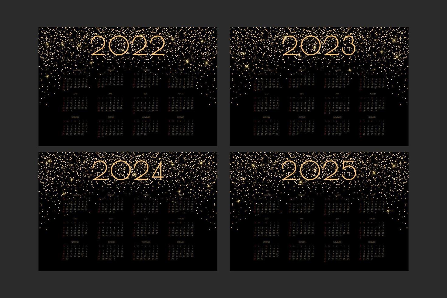 2022 2023 2024 2025 calendar with luxury gold shiny glitter and flares, rich horizontal design for wall or table calendar planner vector