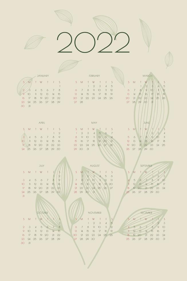 Calendario 2022 con hojas y ramas dibujadas a mano, plantilla de organizador planificador en estilo ecológico natural verde, formato vertical vector