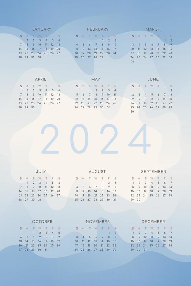 2024 calendar with blue gradient fluid wave shapes. vector
