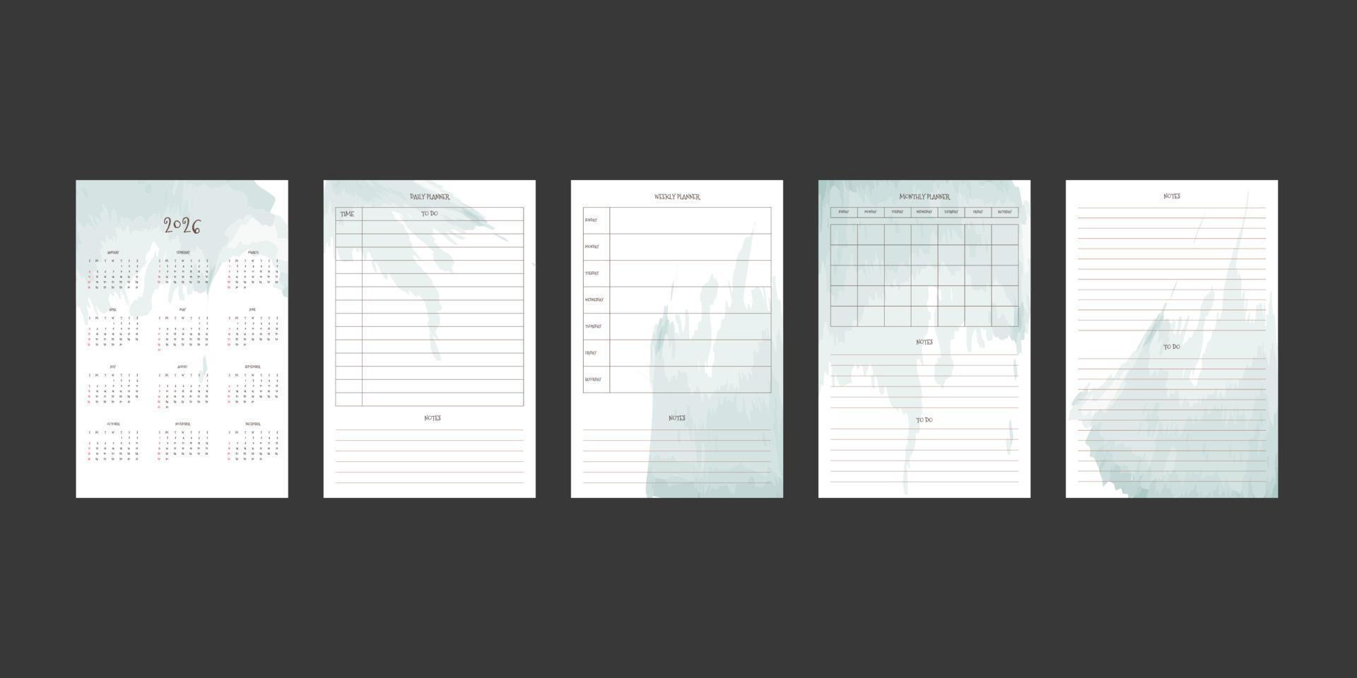 2026 calendar and daily weekly monthly planner collection with abstract watercolor spots. Week starts on Sunday vector