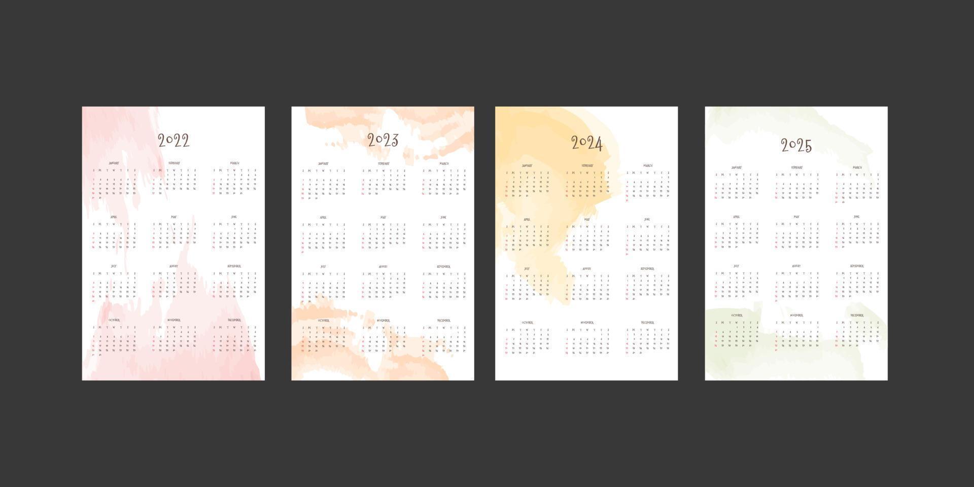 2022 2023 2024 2025 calendar and daily weekly monthly planner collection with abstract watercolor elements. Week starts on Sunday vector