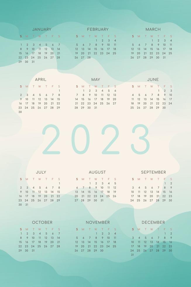 2023 calendar with turquoise teal green gradient fluid wave shapes vector