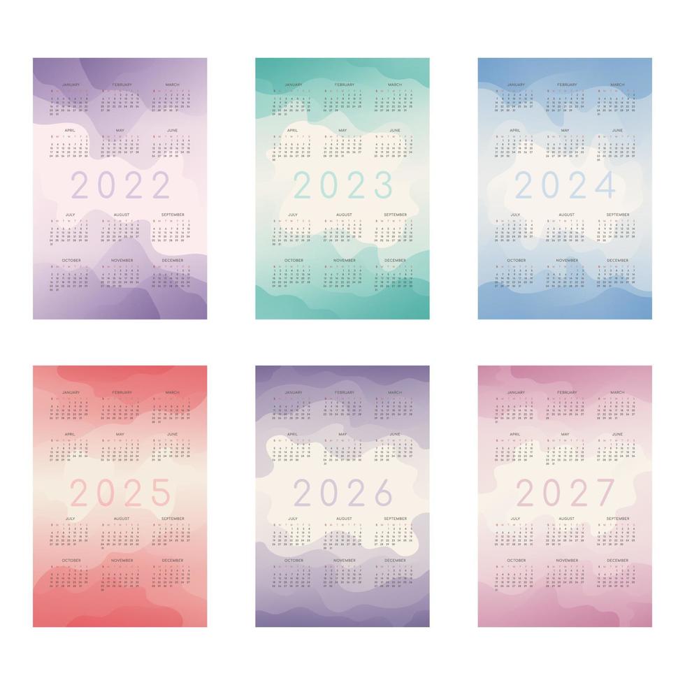 2022 2023 2024 2025 2026 2027 calendar set with trendy gradient abstract shapes vector