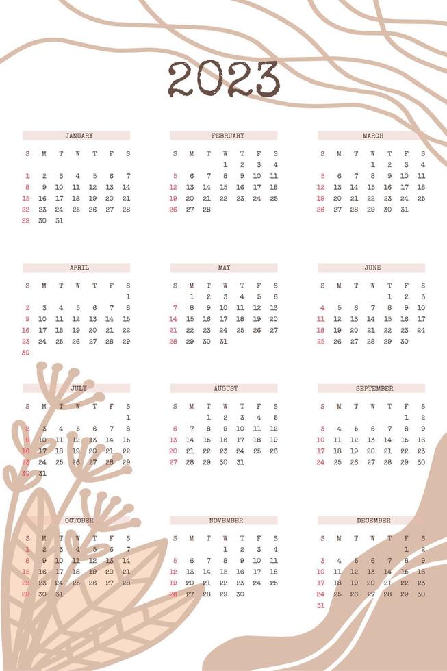 Calendario 2023 con formas orgánicas modernas dibujadas a mano y elementos botánicos florales en una paleta neutra beige vector