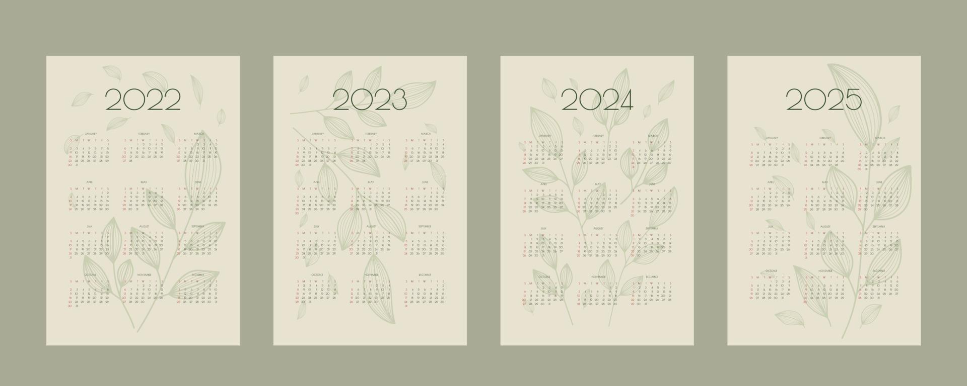 Calendario 2022 2023 2024 2025 con hojas y ramas dibujadas a mano, plantilla de organizador planificador en estilo ecológico natural verde, formato vertical vector