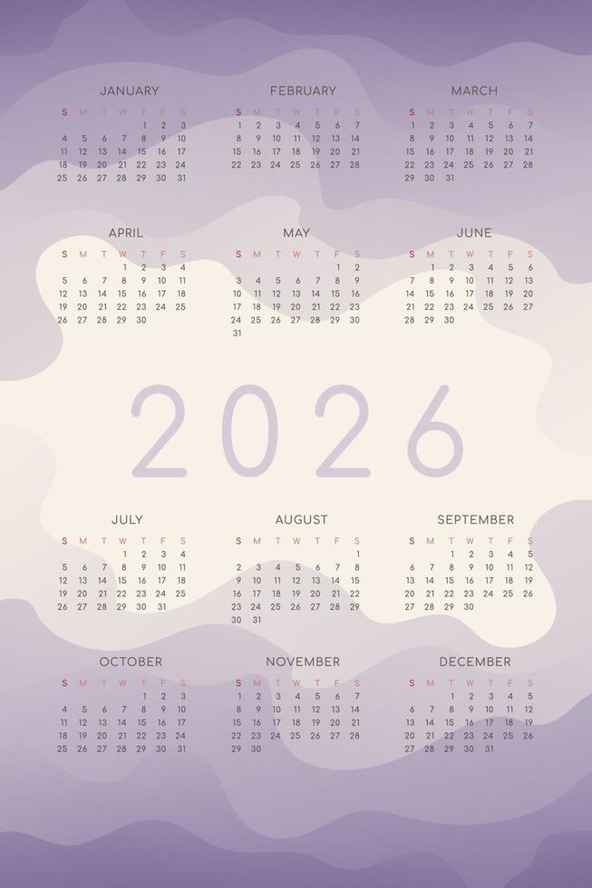2026 calendar with lilac gradient fluid wave shapes vector