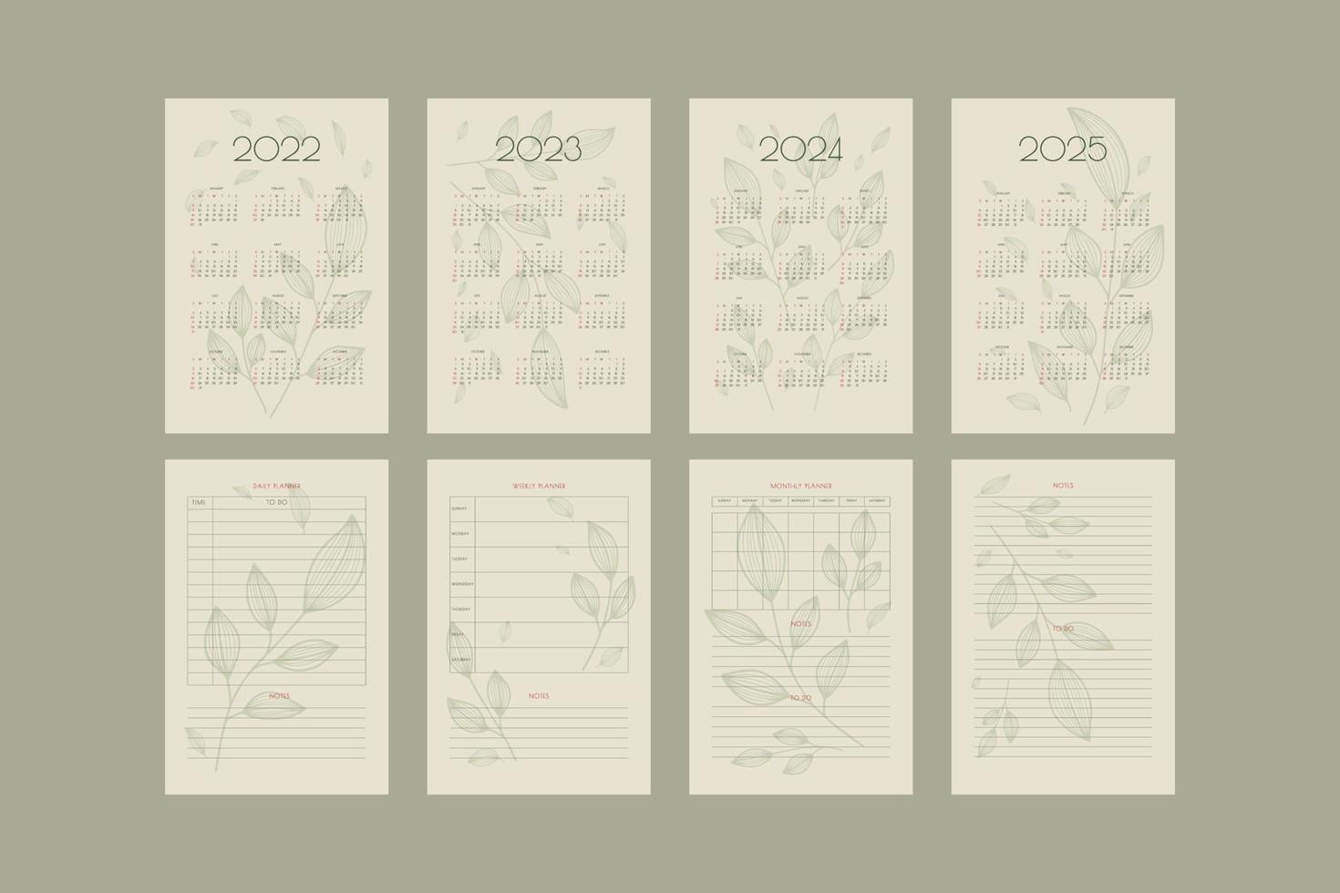 2022 2023 2024 2025 calendar and planners collection with hand drawn leafs and branchs, planner organizer template in green natural eco style vector