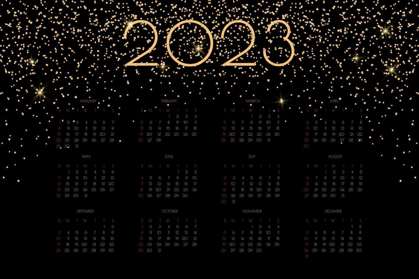 Calendario 2023 con destellos y brillo dorado de lujo, rico diseño horizontal para planificador de calendario de pared o mesa vector