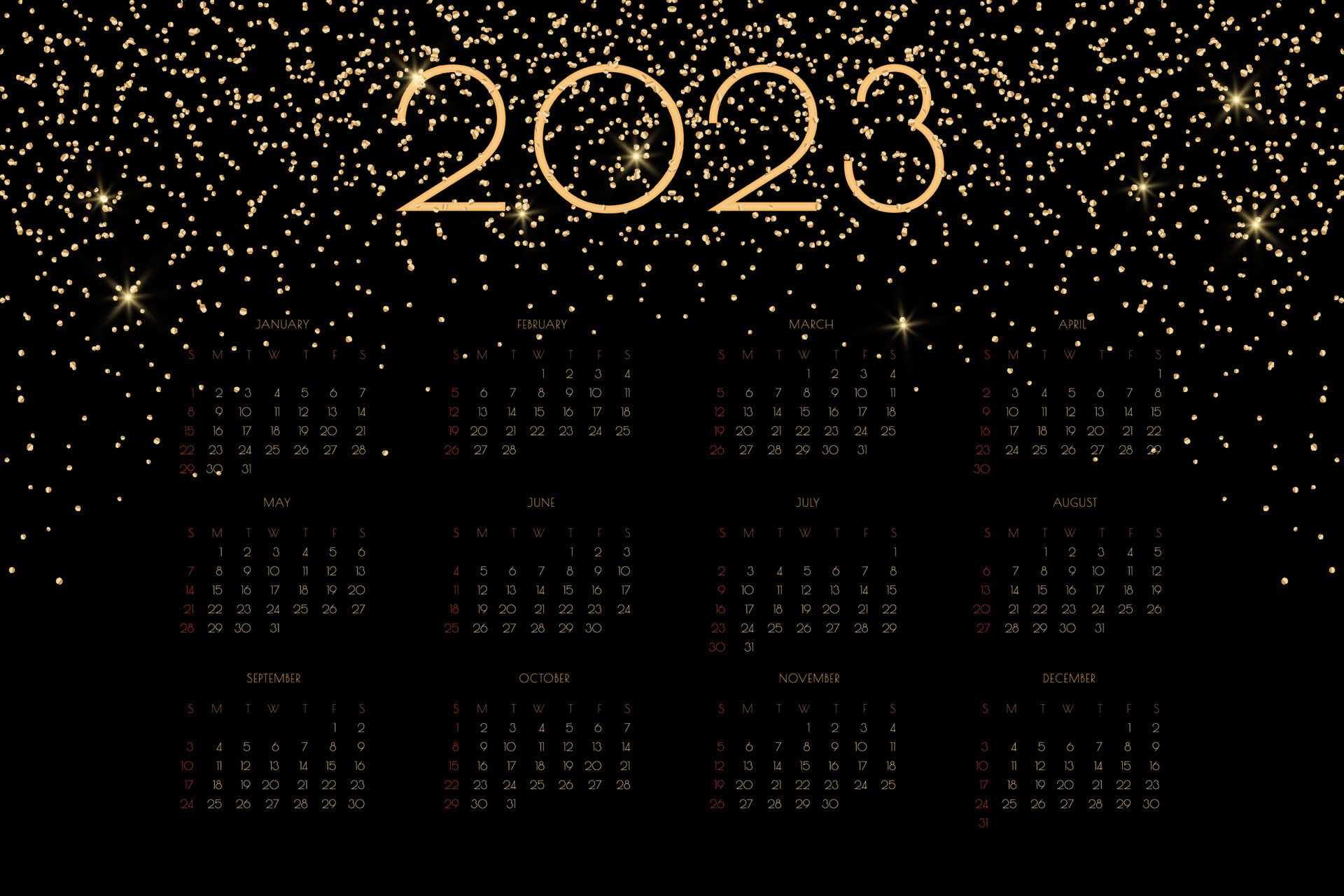 2023 calendar with luxury gold shiny glitter and flares, rich