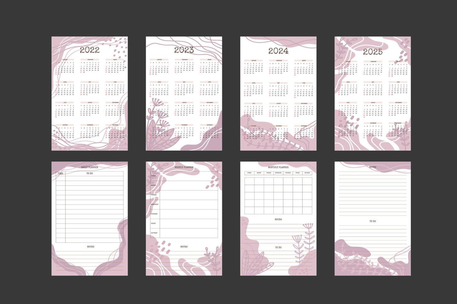 2022 2023 2024 2025 calendar and daily weekly monthly planner collection with trendy hand drawn organic shapes and floral botanical elements in dusty rose neutral palette vector