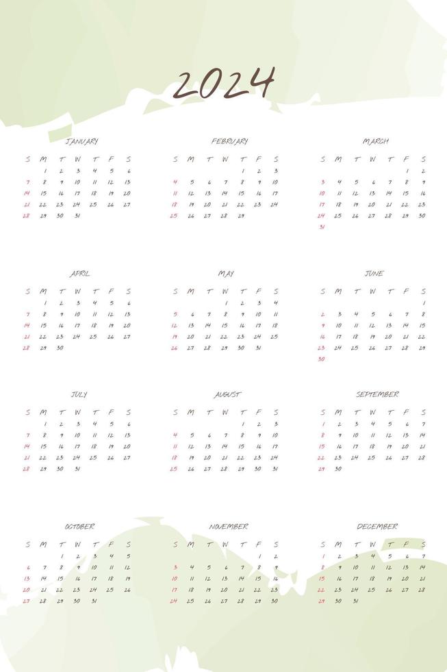2024 calendar with handwritten font and gentle abstract watercolor stain effect. Week starts on Sunday vector