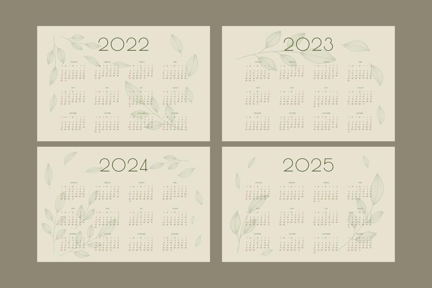 Calendario 2022 2023 2024 2025 con hojas y ramas dibujadas a mano, plantilla de organizador planificador en estilo ecológico natural verde vector