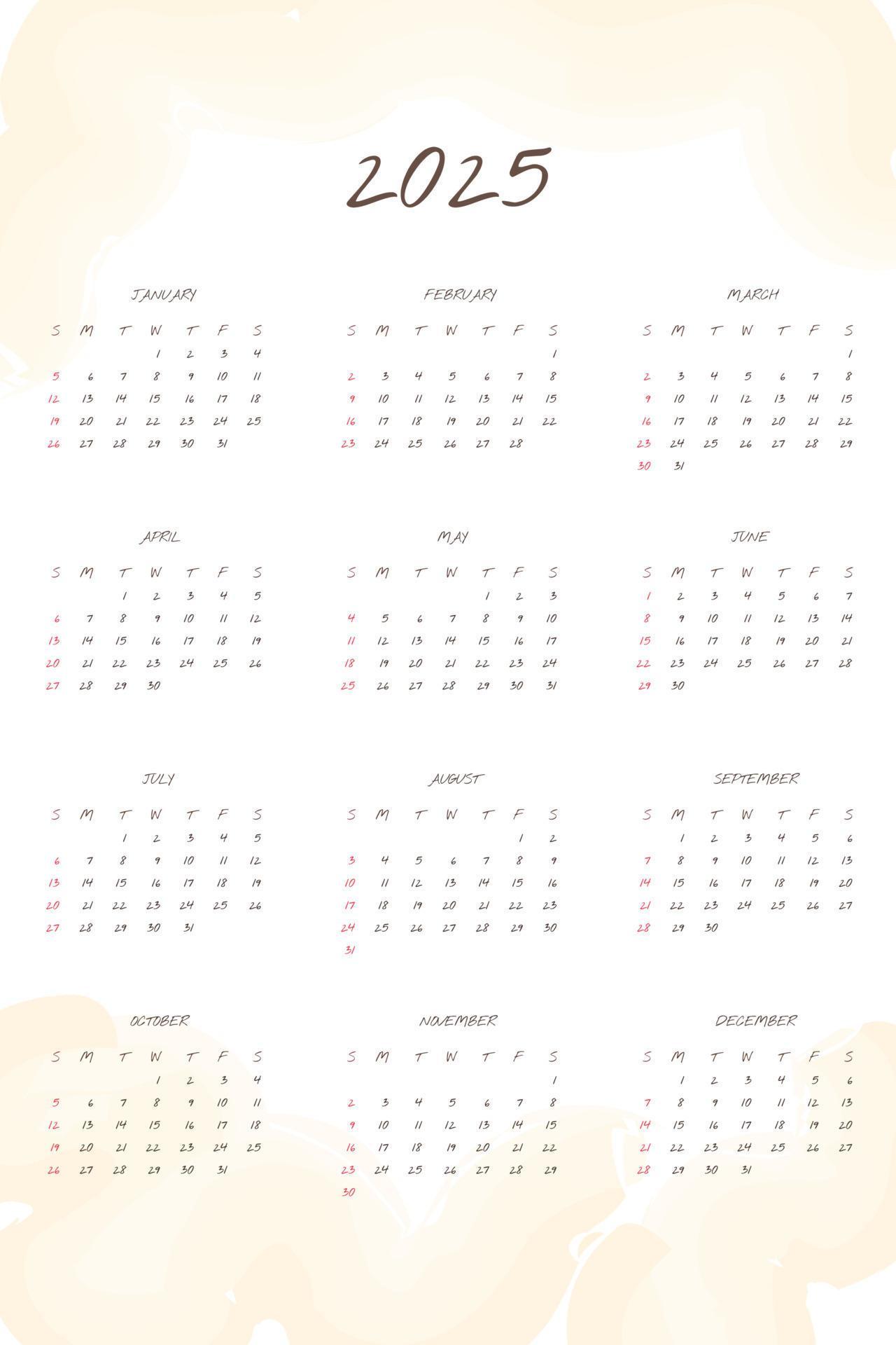 2025 calendar with handwritten font and gentle abstract watercolor