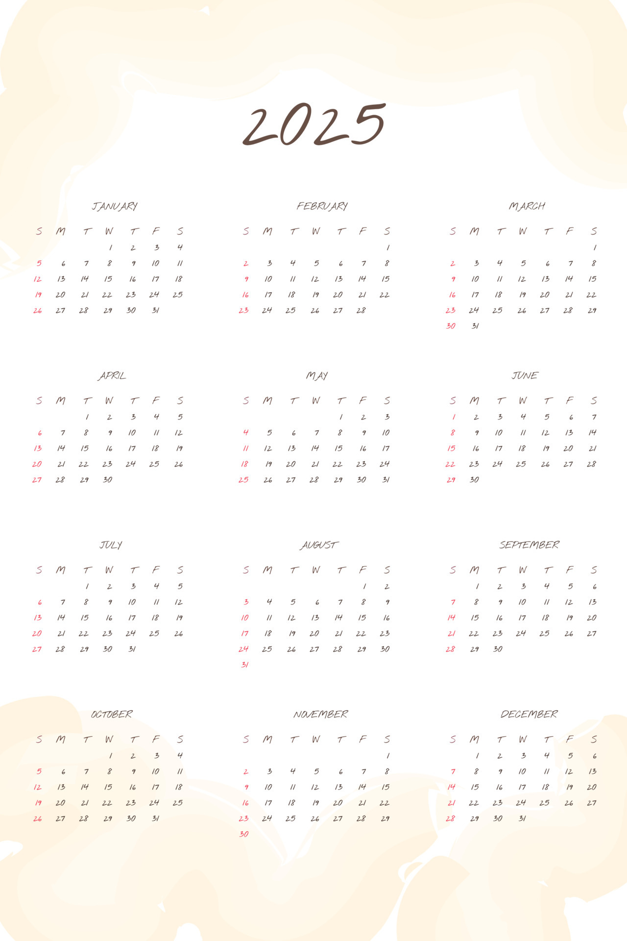 2025 calendar with handwritten font and gentle abstract watercolor