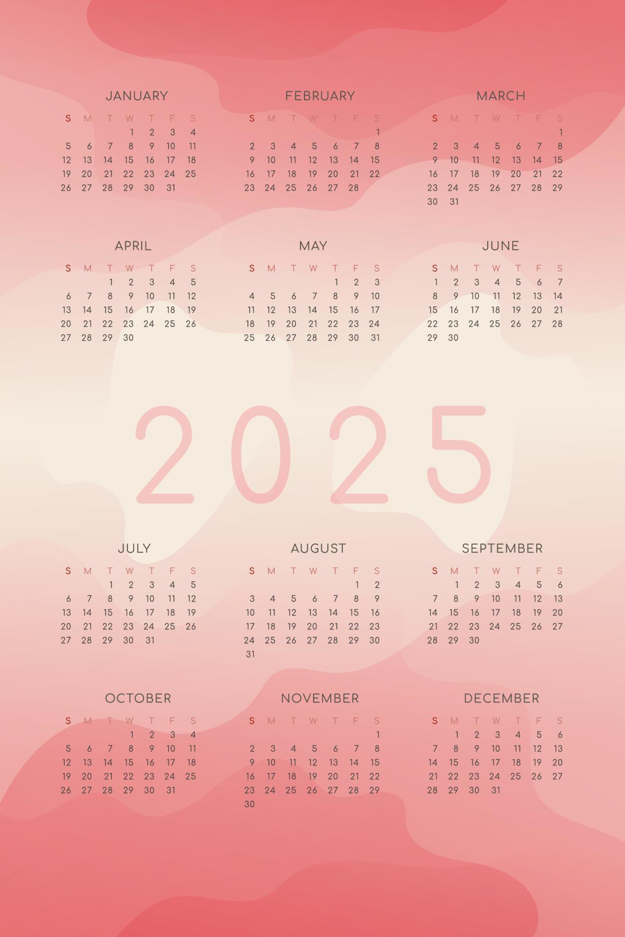 2025 calendar with pink red gradient fluid wave shapes 4736415 Vector