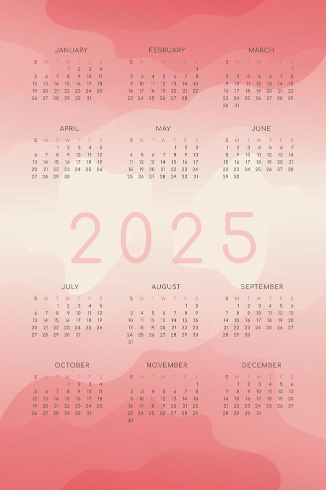 2025 calendar with pink red gradient fluid wave shapes vector