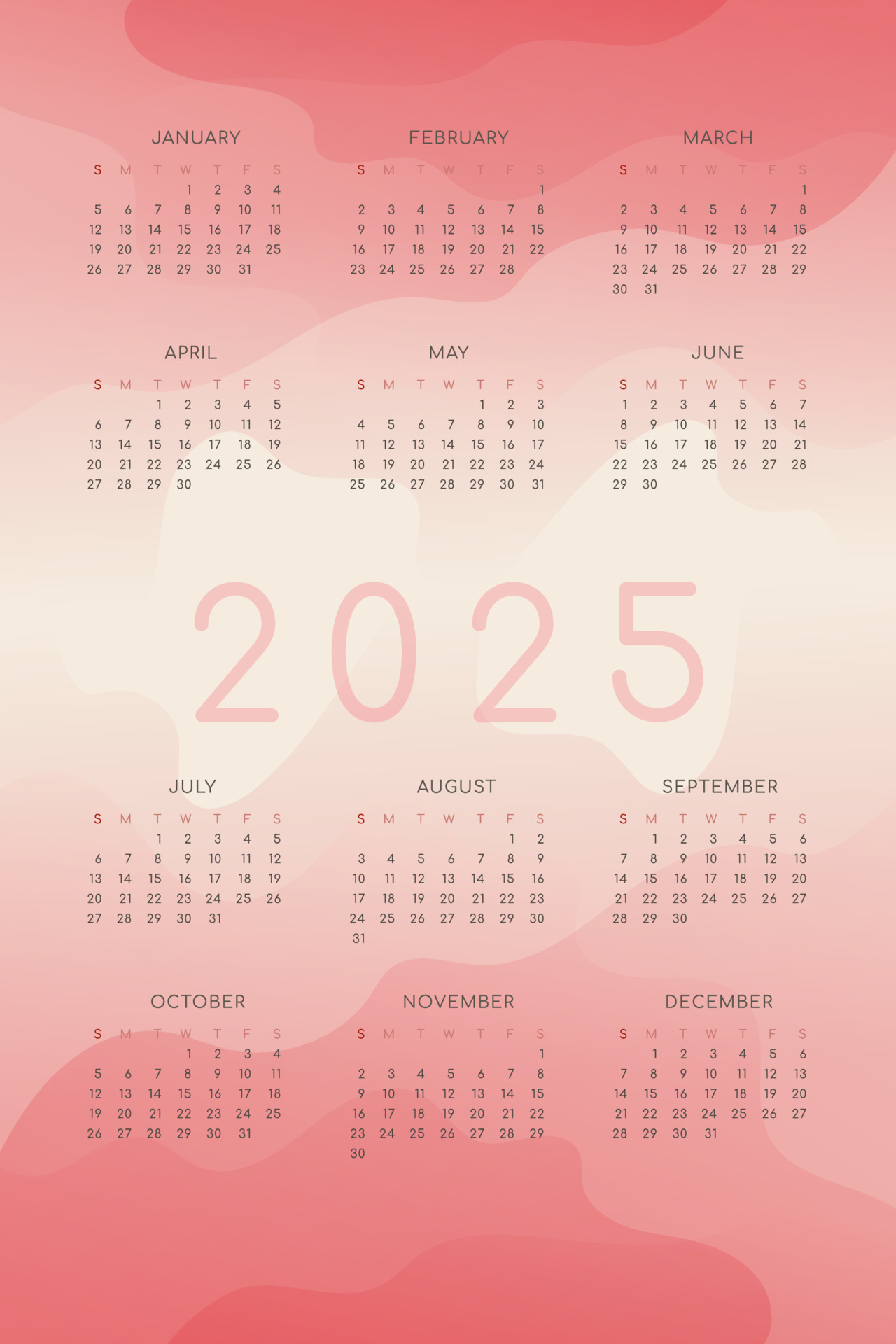 2025 calendar with pink red gradient fluid wave shapes 4736415 Vector
