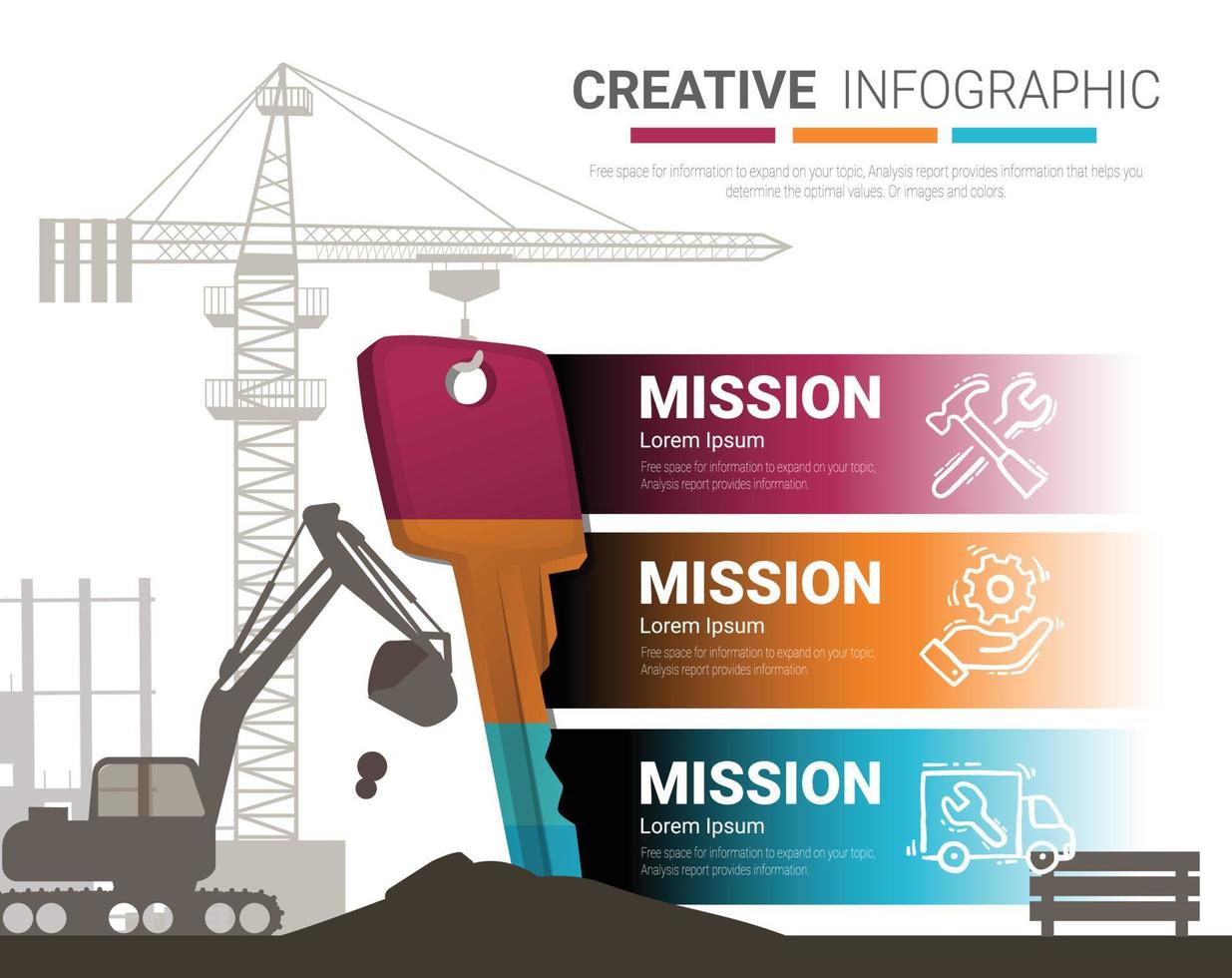 llave de negocio y retroexcavadora en el sitio de construcción, diseño de infografías. vector