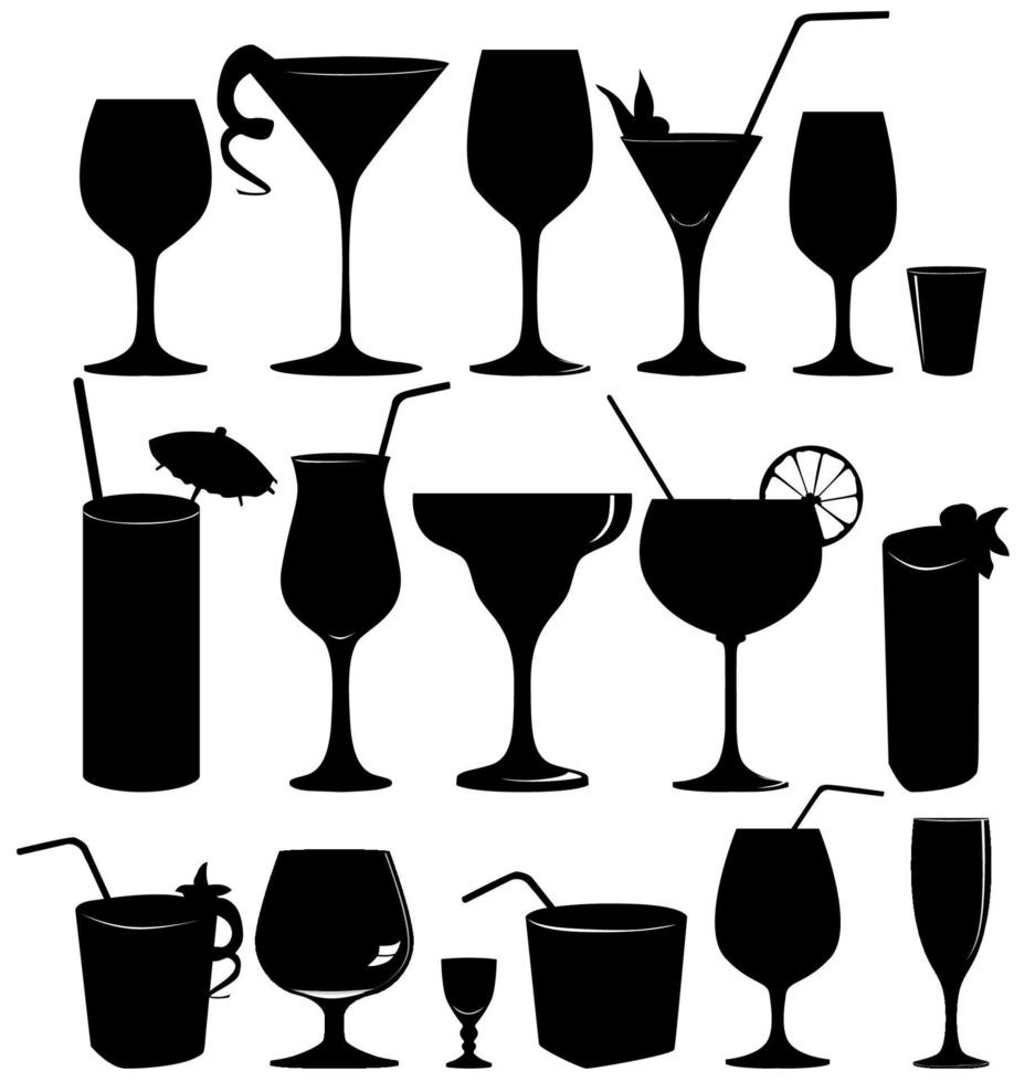 Cocktail wineglass silhouette sign. Cocktail drink glass set. vector