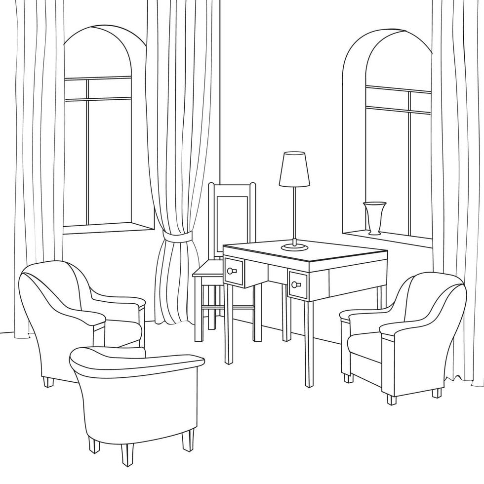 interior del bosquejo del esquema de la habitación. interior de dibujo a mano retro. gabinete. muebles de interior para el hogar con sofá, sillón, mesa. diseño de dibujo de muebles de sala vector
