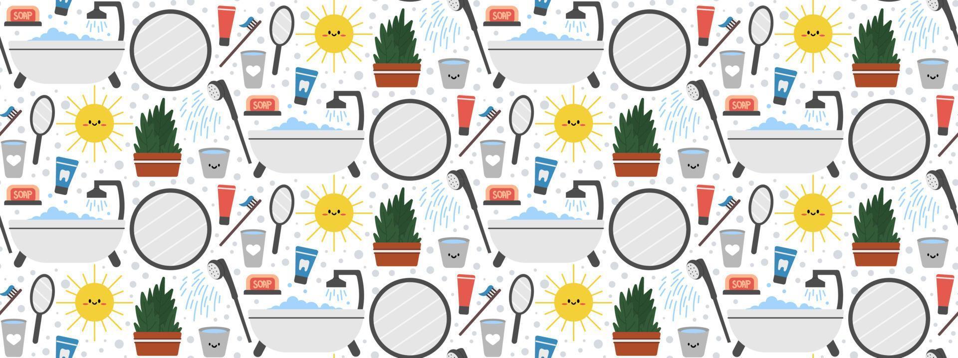 Seamless repeating bathroom pattern with shower and personal care items. Morning and evening routine. Vector illustration.