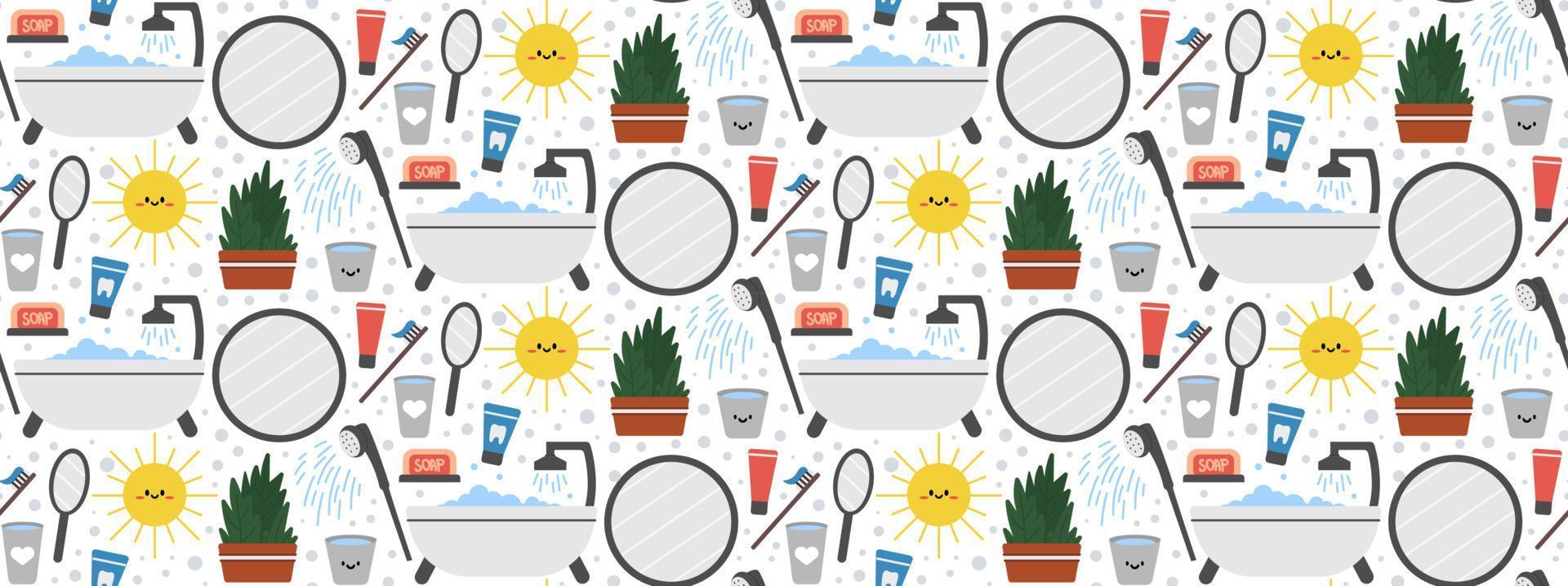 Seamless repeating bathroom pattern with shower and personal care items. Morning and evening routine. Vector illustration.