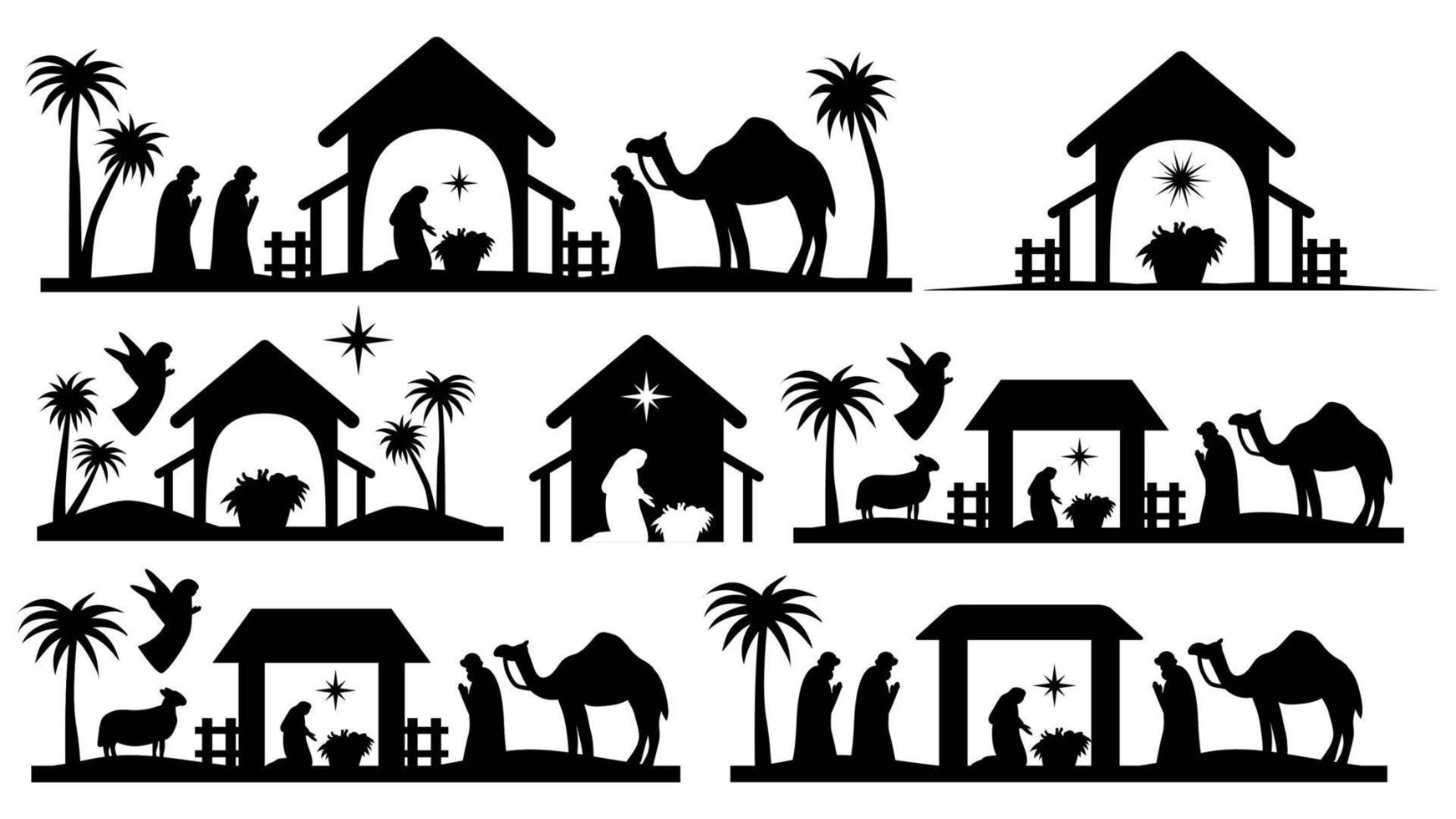 Holy night of birth of child jesus christ silhouette scene from religion christianity nativity scene. Biblical Religious History of Catholics. Cut for scrapbooking and print. Vector illustration.
