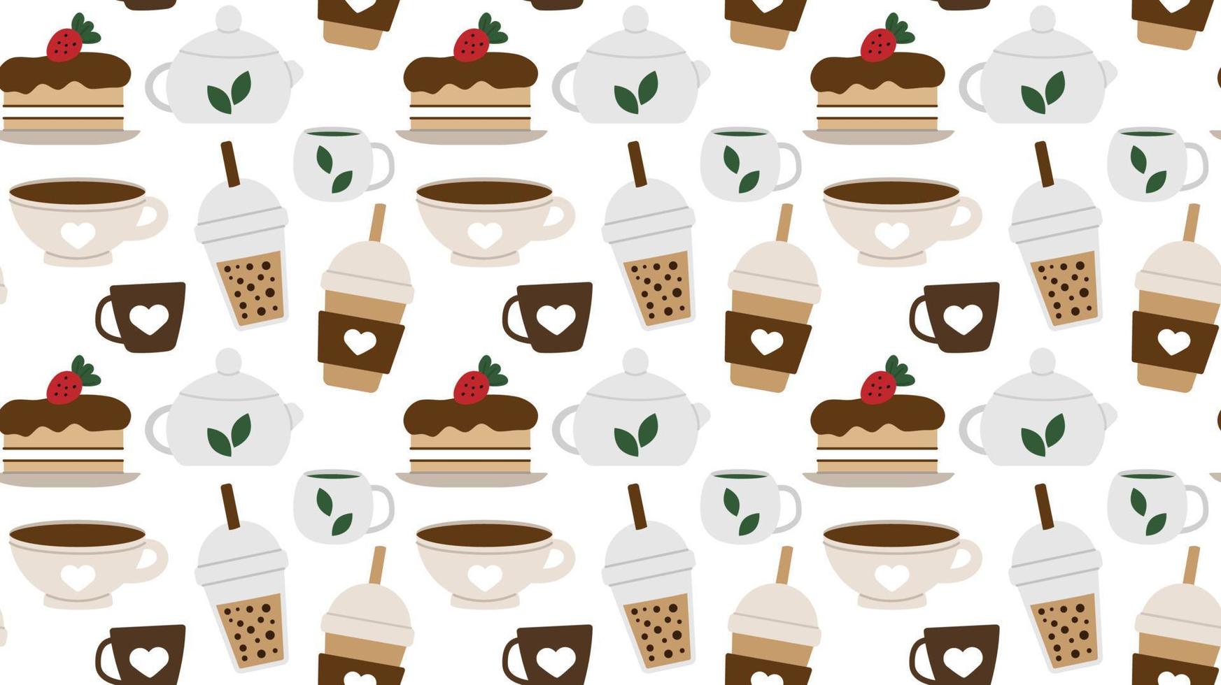 Seamless repeating pattern with drinks and desserts for cafe menu. Print for a shop with tea and coffee and a hot drink. Vector illustration.