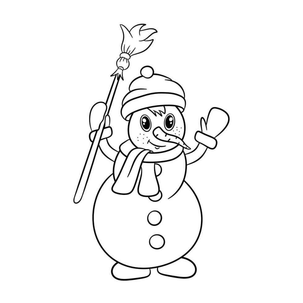 Funny snowman for a coloring book, or a page. Vector illustration cartoon style.