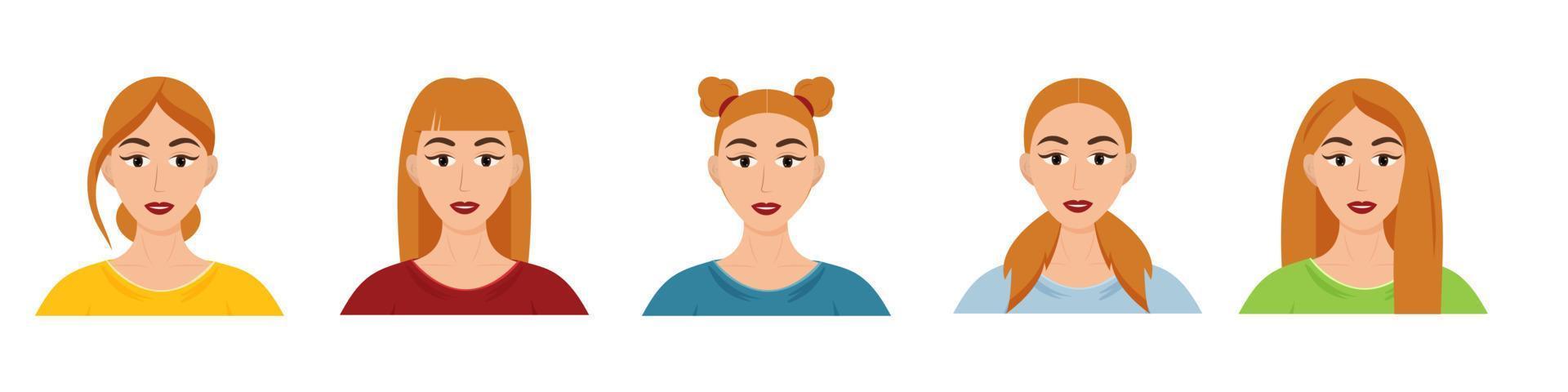 diferentes tipos de peinados de mujeres. conjunto de hermosas chicas jóvenes con diferentes peinados. estilo de dibujos animados de vector