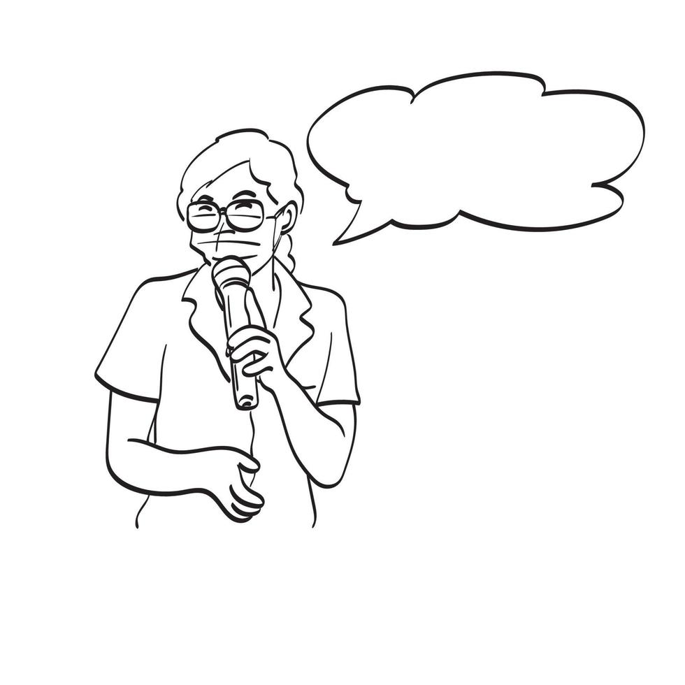 Mujer de arte de línea con máscara médica hablando con micrófono y vector de ilustración de discurso de burbuja aislado sobre fondo blanco